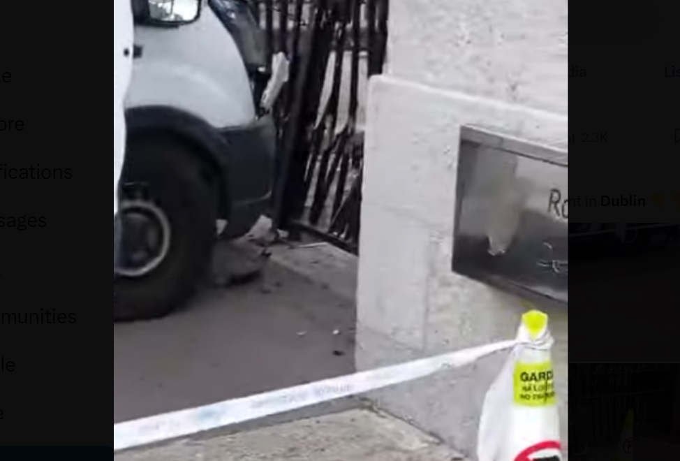 A driver was arrested early Friday morning in Dublin after crashing his van into gates outside the home of Ireland's president, the offices of the prime minister and the building housing parliament, police said. (X/@Maximil86429959)