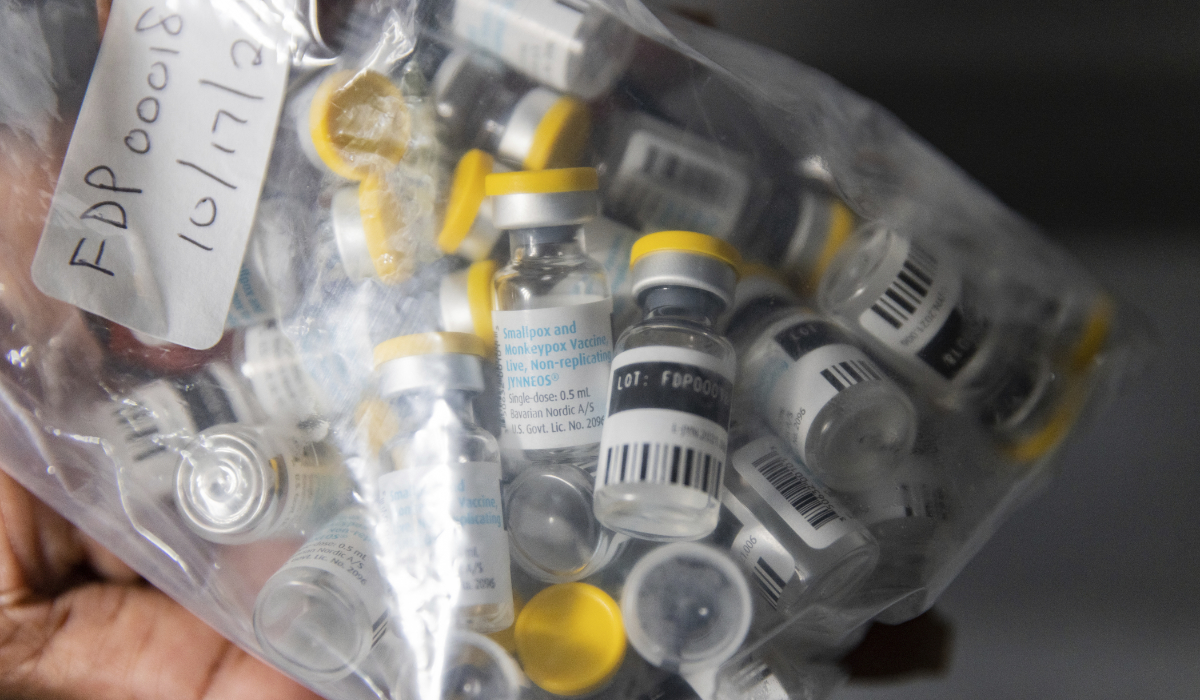 Vials of single doses of the Jynneos vaccine for monkeypox are seen from a cooler at a vaccinations site on Aug. 29, 2022, in the Brooklyn borough of New York. (AP)