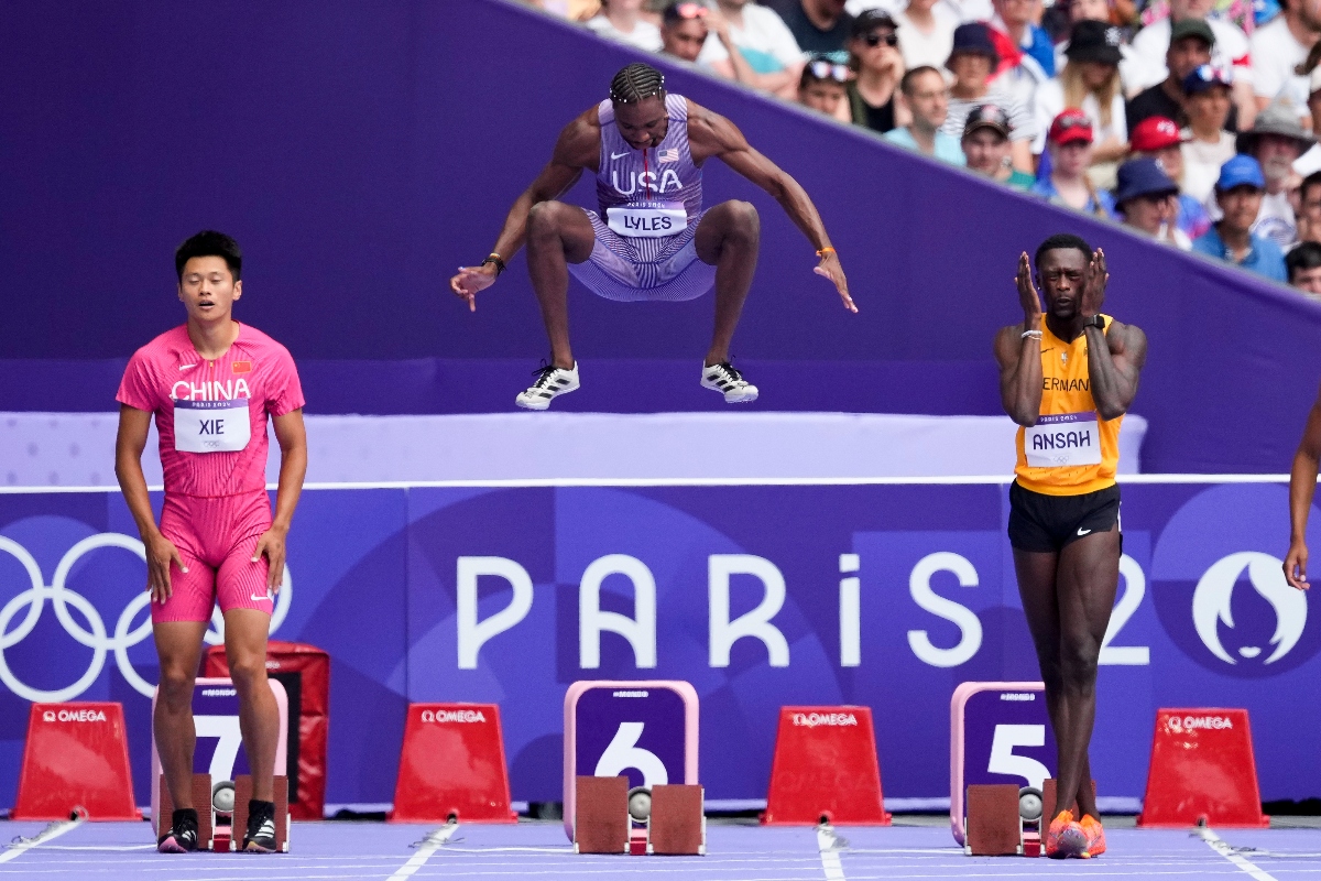 Noah Lyles, of the US, prepares for a heat in the men's 100-meter at the 2024 Summer Olympics Saturday in Saint-Denis, France. (AP)
