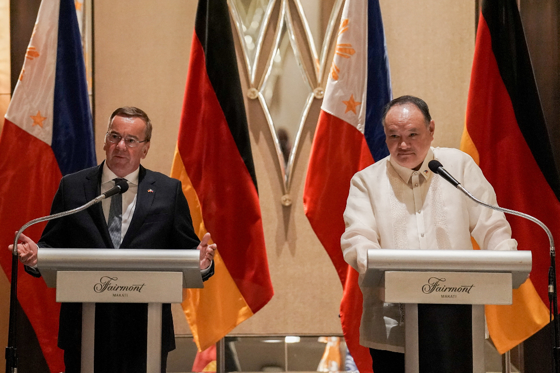German Defense Minister Boris Pistorius speaks during a joint press conference with Philippine Defense Secretary Gilberto Teodoro Jr., at a hotel in Metro Manila, Philippines on Aug. 4, 2024. (Reuters)