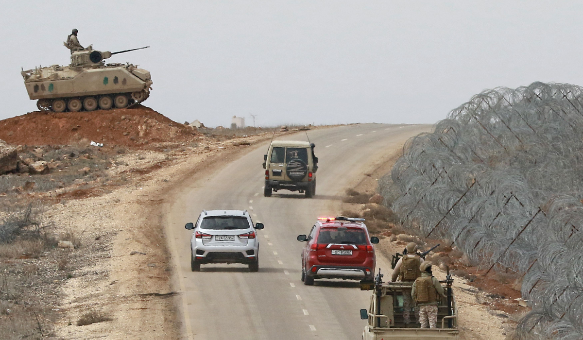 This file photo taken during a tour organised by the Jordanian Army shows soldiers patrolling the border with Syria to prevent trafficking on February 17, 2022. (AFP)