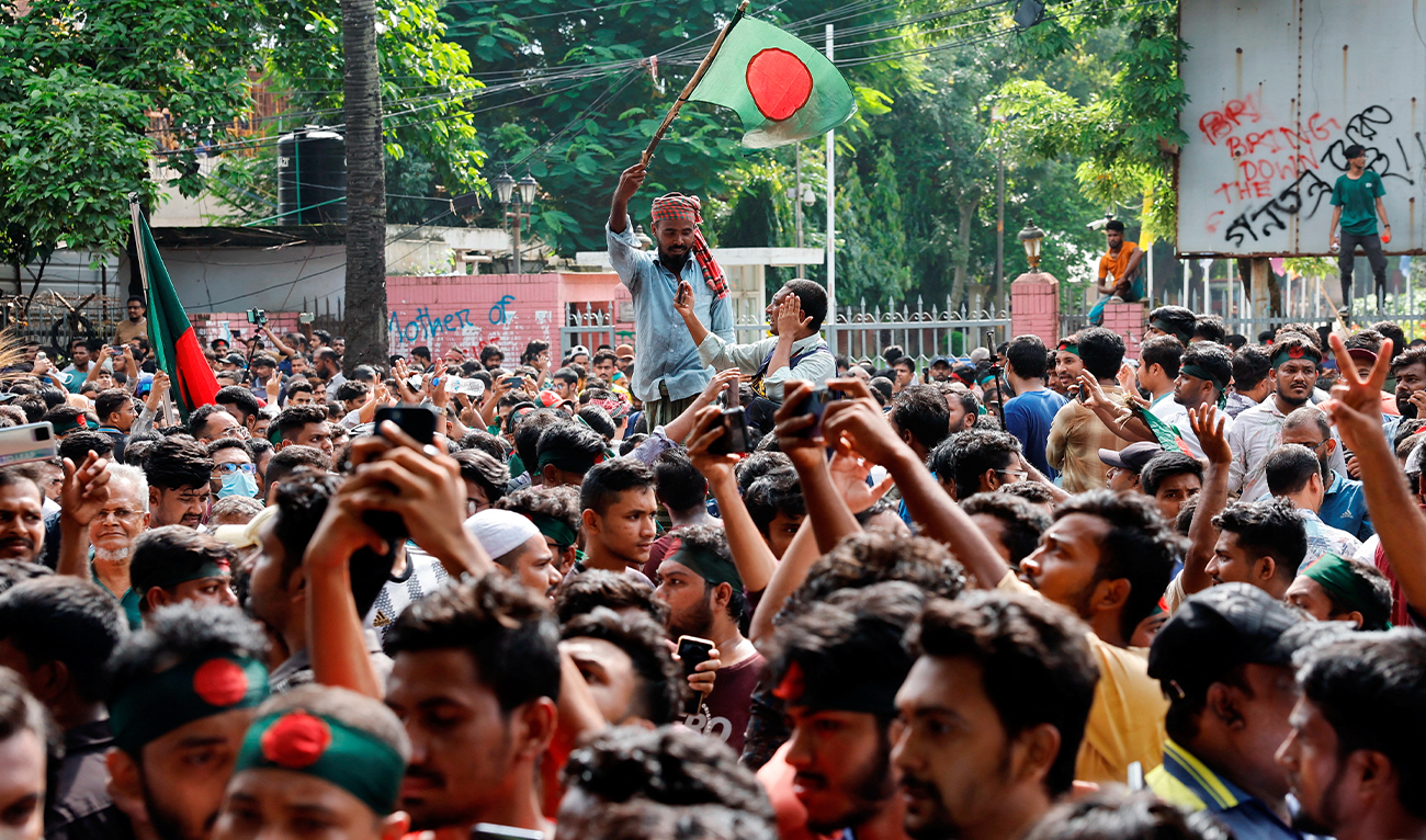 People celebrate the resignation of Prime Minister Sheikh Hasina in Dhaka, Bangladesh, on August 5, 2024. (REUTERS)