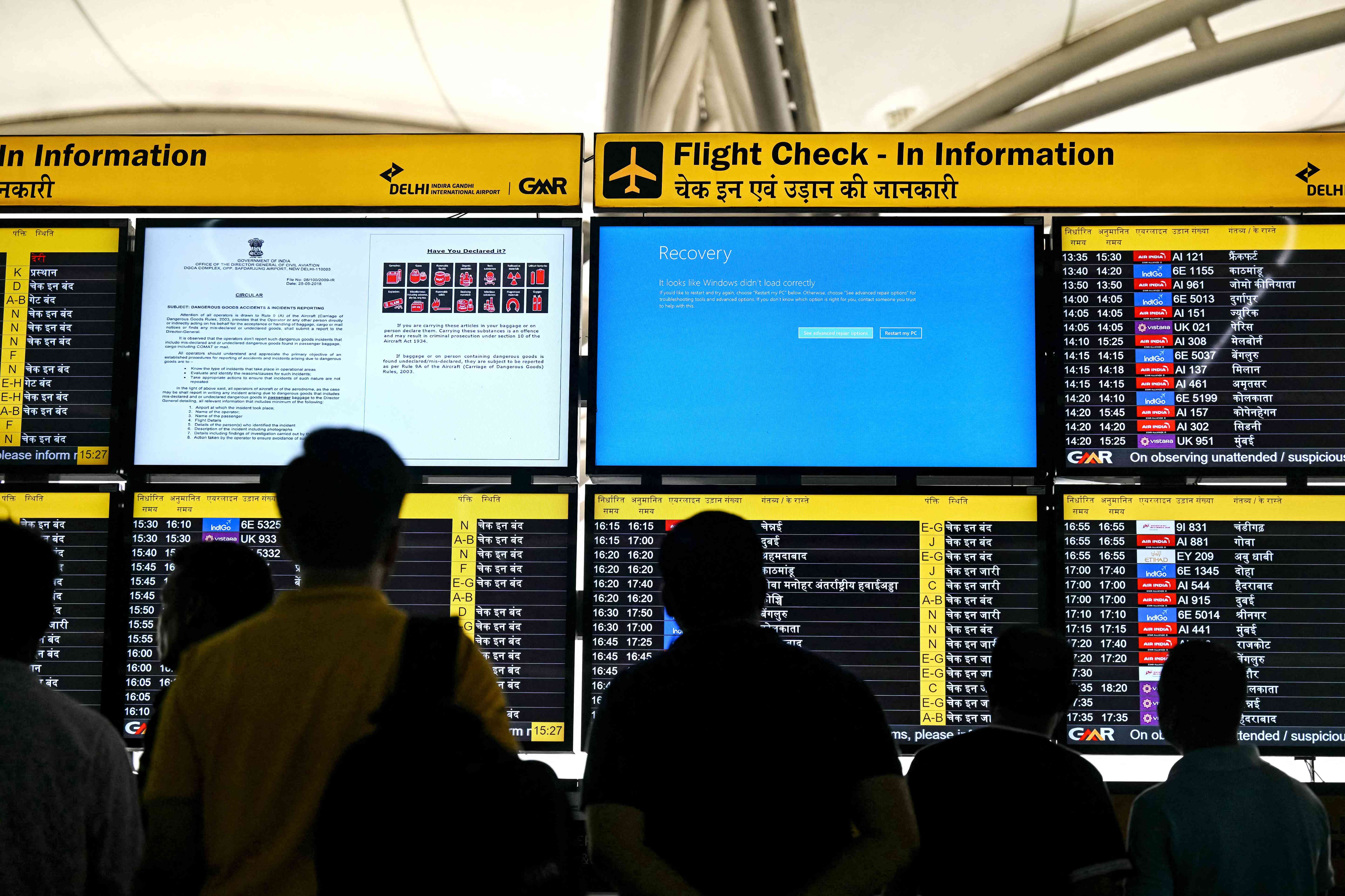 Display screens show information on flights at the Indira Gandhi International Airport in New Delhi on July 19, 2024. (AFP/File Photo)