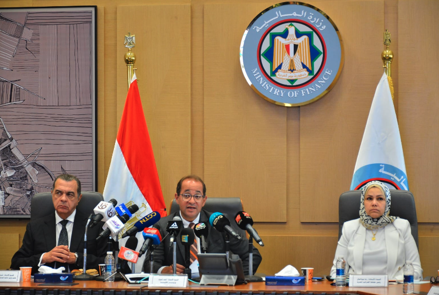 Egypt’s Finance Minister Ahmed Kouchouk speaking at a press conference. Facebook/Egypt Cabinet