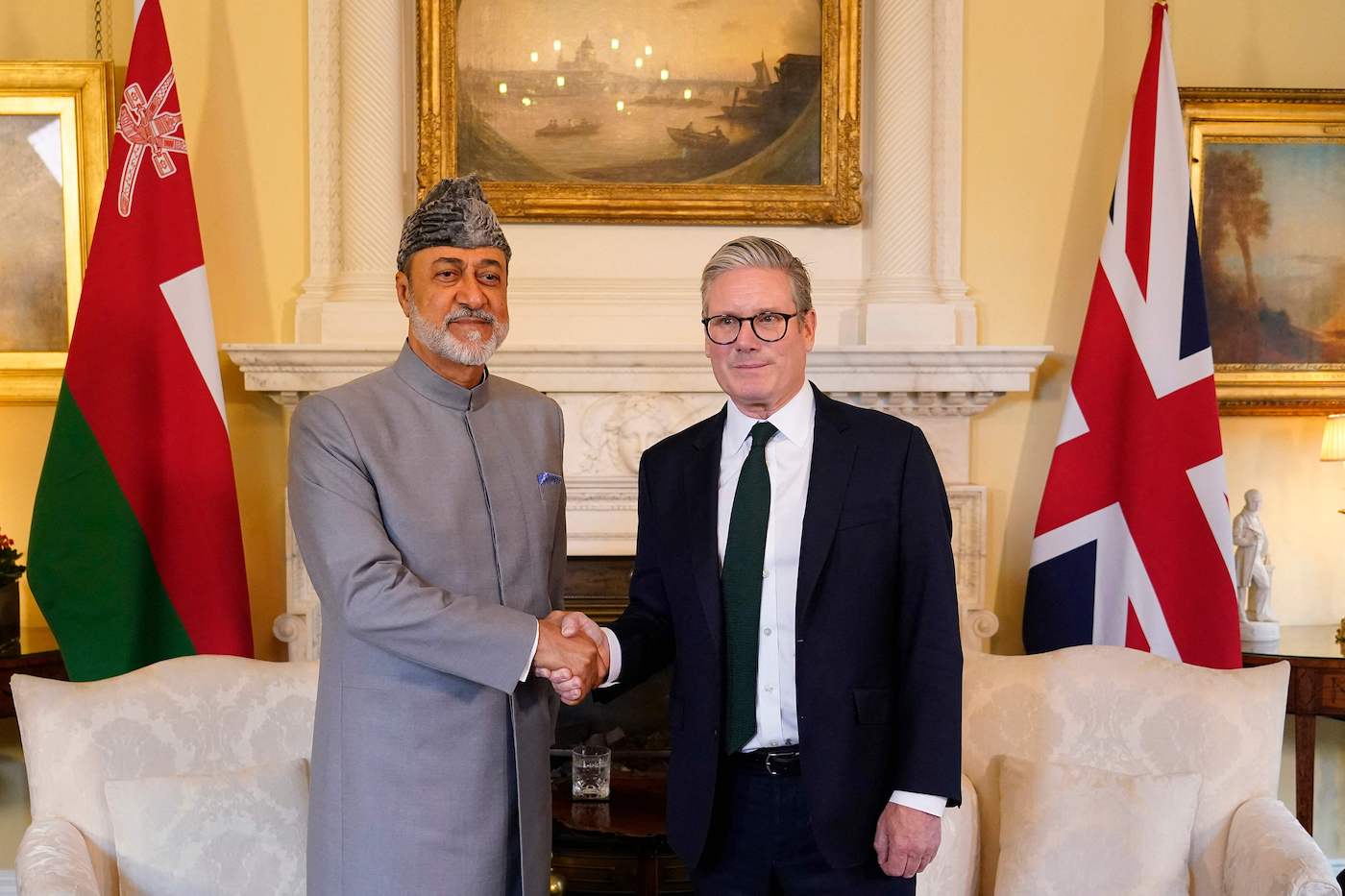 Britain’s PM Keir Starmer shakes hands with Sultan of Oman Haitham bin Tariq during a meeting at Number 10 Downing Street in London on August 6, 2024. (AFP)