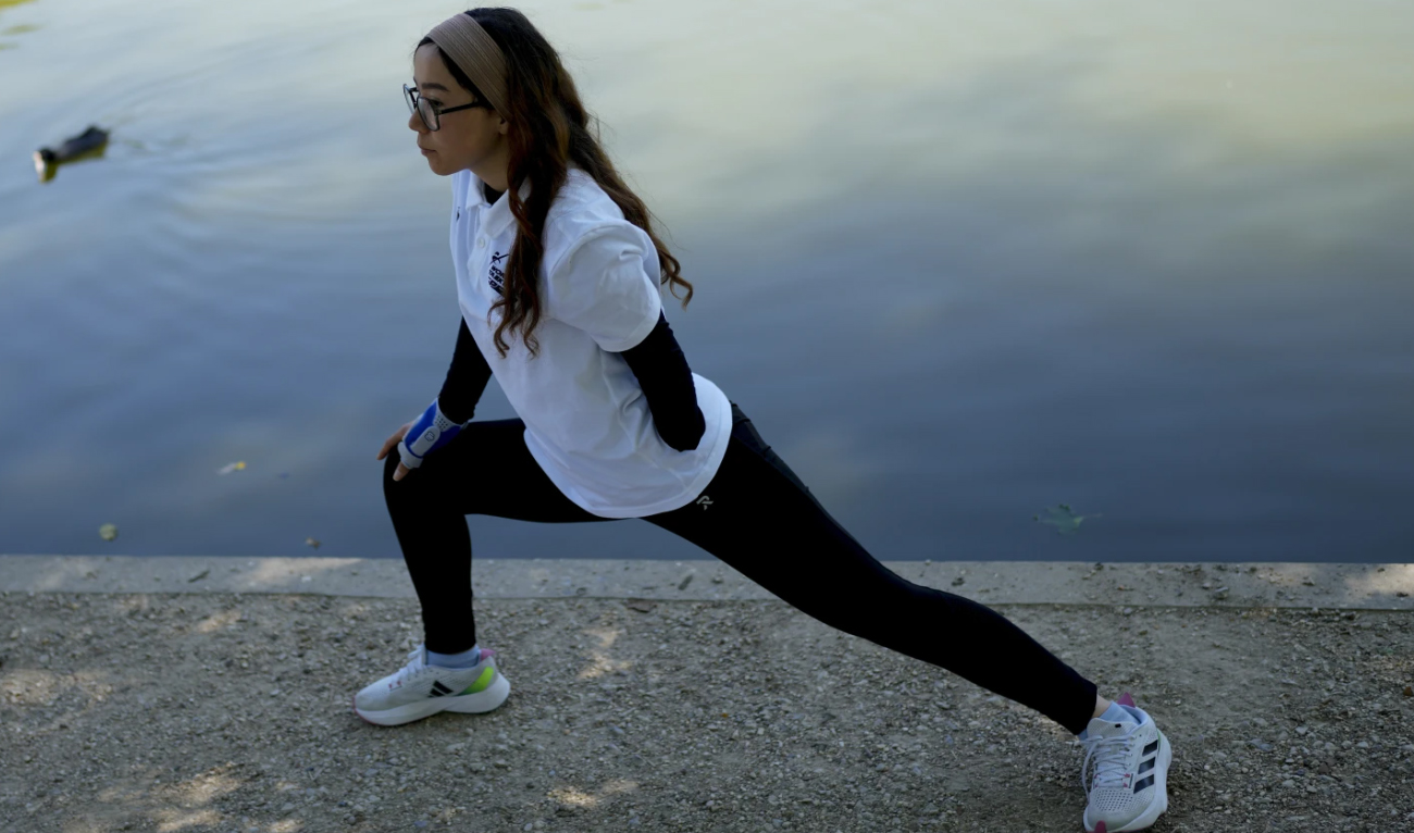 Afghan Taekwondo Paralympian Zakia Khudadadi, part of the Refugee Olympic Team, demonstrates her training routine after an interview with The Associated Press at the 2024 Summer Olympics in Paris on August 5, 2024. (AP)