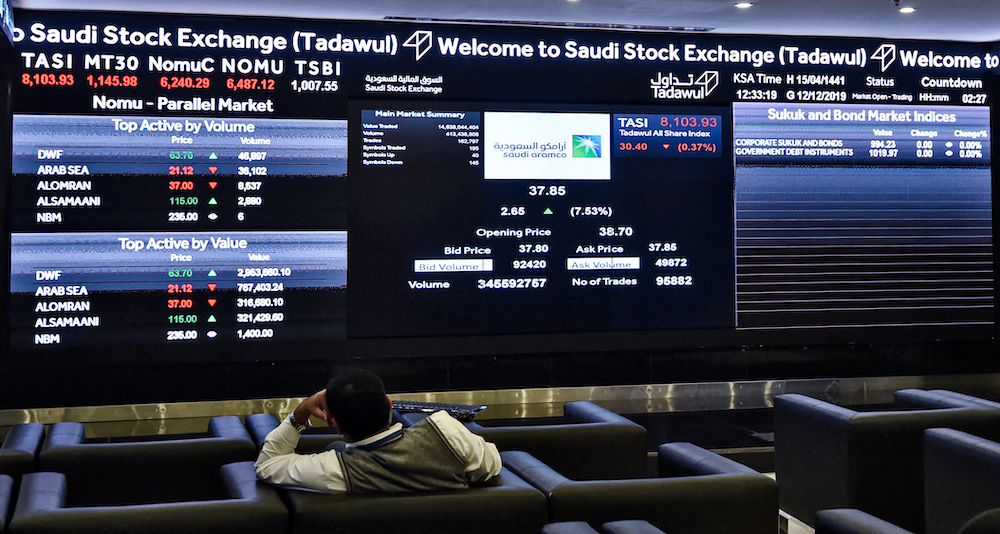 A view of the exchange board at the Stock Exchange Market (Tadawul) bourse in Riyadh during trading. File/AFP