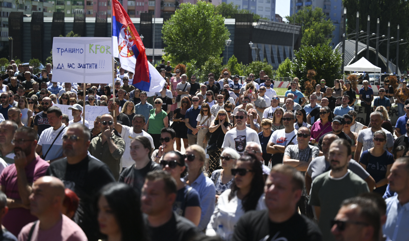 Kosovo Serbs take part in a protest against the opening of Mitrovica bridge, that has long separated Serbs and ethnic Albanians in the restive northern area of Kosovo, in the divided city of Mitrovica on August 7, 2024. (AFP)