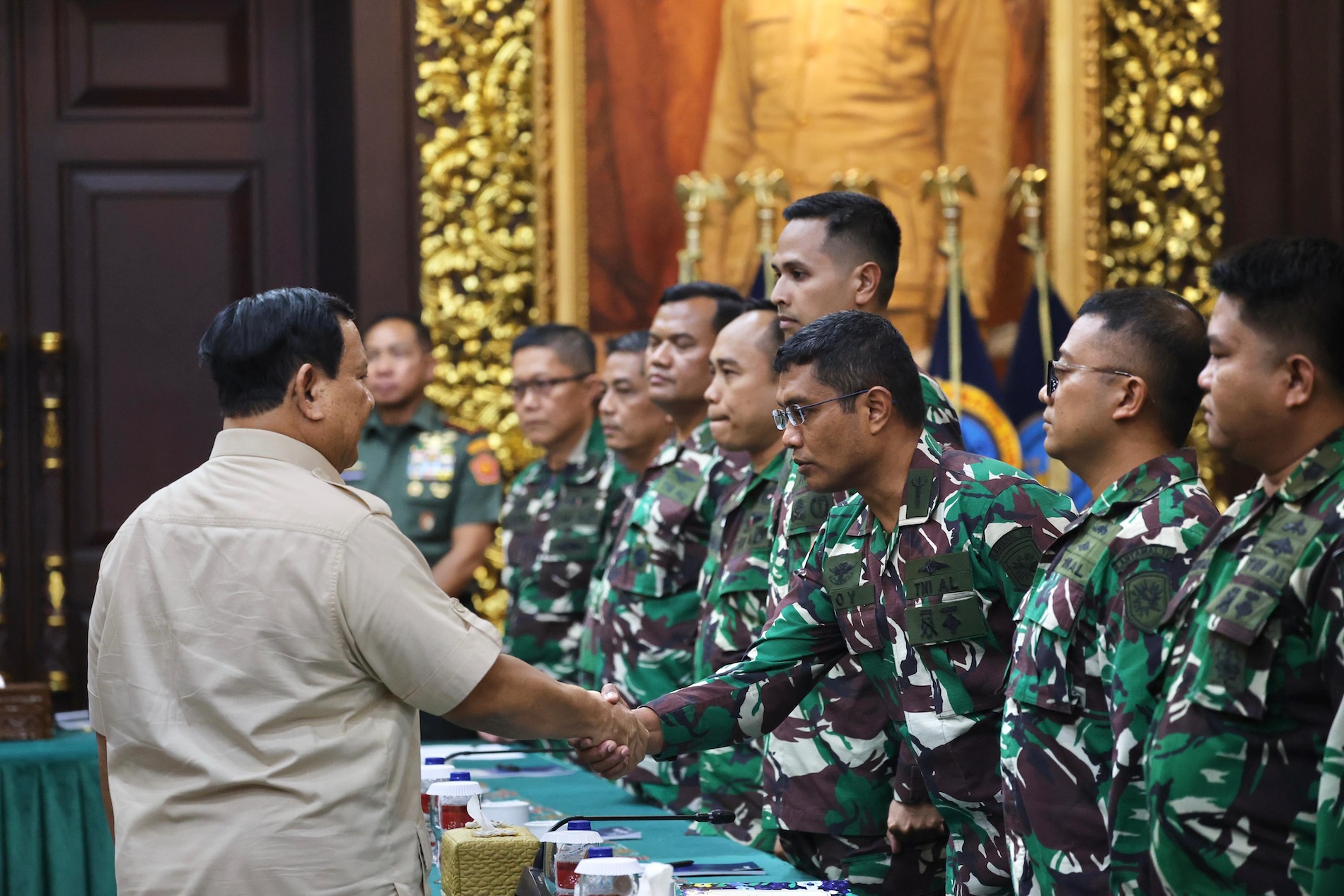 Indonesian President-elect and Defense Minister Prabowo Subianto shakes hands with military health personnel at a pre-departure briefing ahead of their mission to Gaza on Aug. 7, 2024. (Indonesian Ministry of Defense)