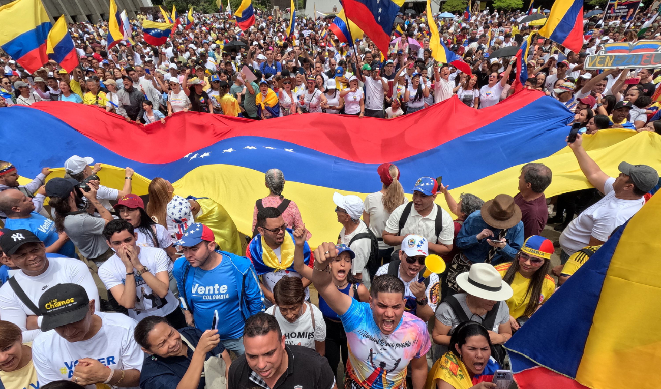 Venezuelans living in Colombia take part in a protest against Venezuelan President Nicolas Maduro's disputed victory in the presidential election, in Medellin, Colombia, on August 7, 2024. (AFP)