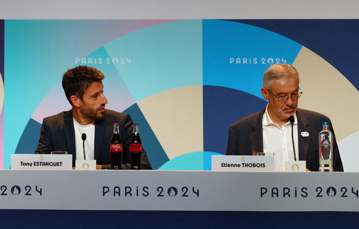 Paris 2024 President Tony Estanguet with CEO of Paris 2024, Etienne Thobois during the press conference at the Main Press Center, Paris on Jul. 21, 2024. (Reuters/File)