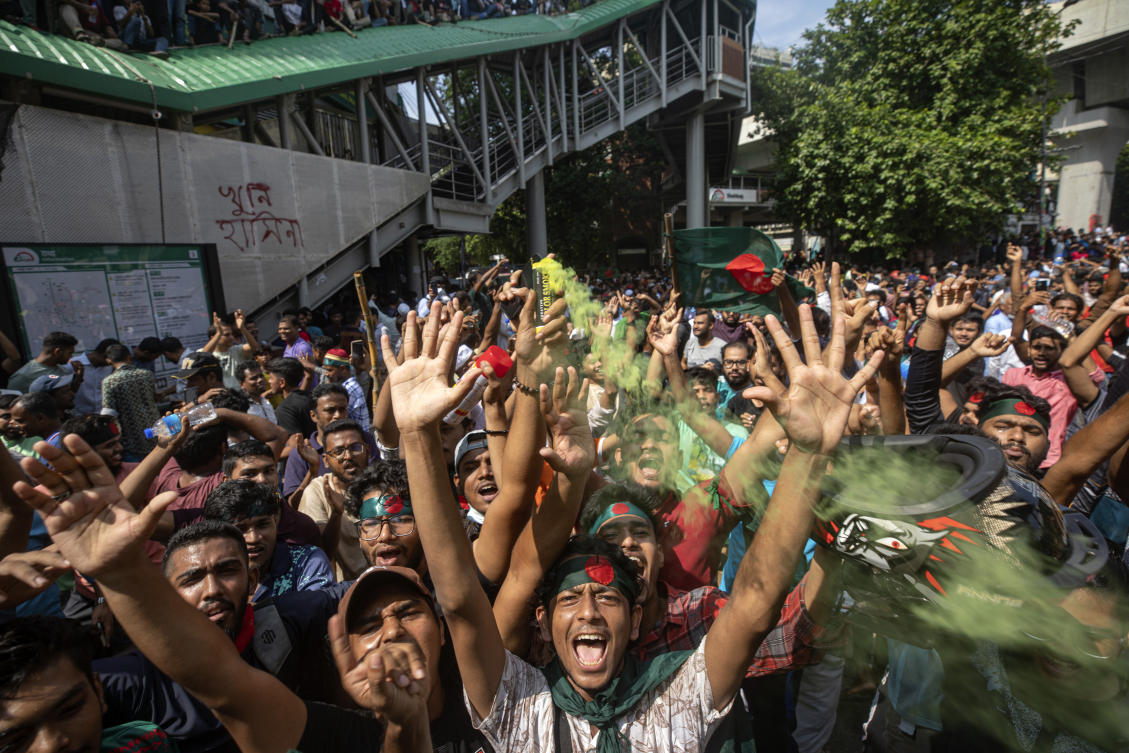 Protesters shout slogans as they celebrate Prime Minister Sheikh Hasina's resignation, in Dhaka, Bangladesh. (File/AP)