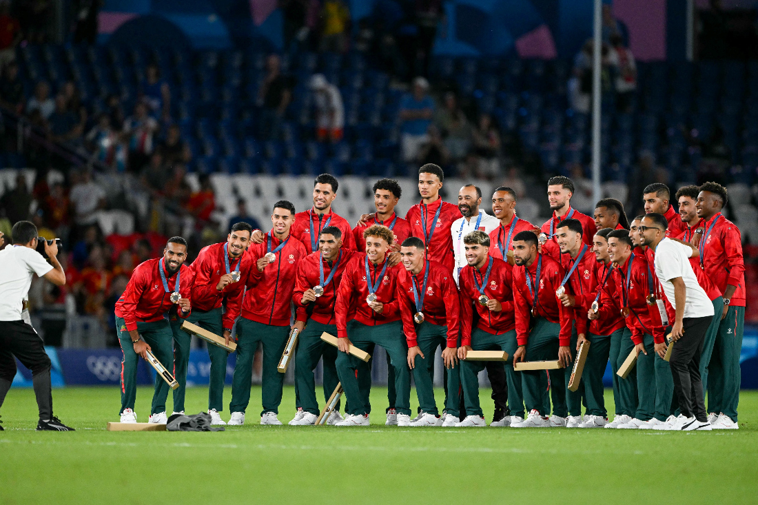 Morocco’s bronze medallists pose for a photograph with their medals after the men’s final football match between France and Spain during the Paris 2024 Olympic Games at the Parc des Princes in Paris. (File/AFP)