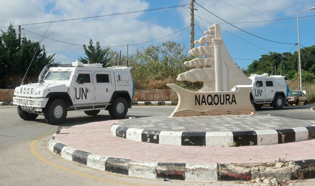 UNIFIL (United Nations Interim Force in Lebanon) armoured vehicles patrol on the entrance of the southern Lebanese town of Naqoura near the border with Israel on June 17, 2024. (AFP/File)