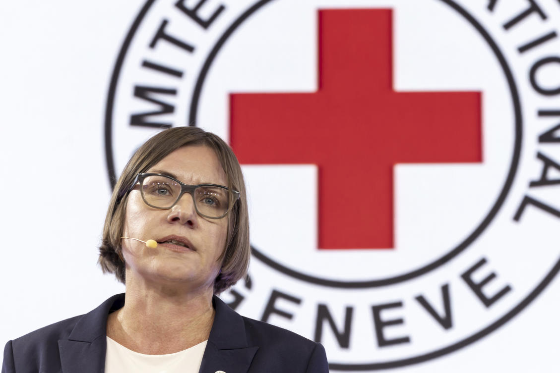 Switzerland's Mirjana Spoljaric Egger, President of the International Committee of the Red Cross, speaks to media during a media at the ICRC headquarters in Geneva, Switzerland, Monday, August 12, 2024. (AP)