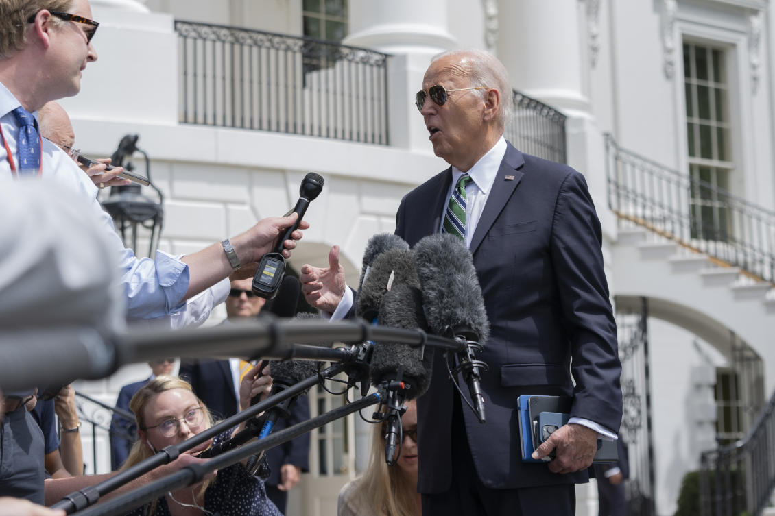 President Joe Biden speaks to reporters as he departs the White House for a trip to New Orleans on Aug. 13, 2024, in Washington. (AP)