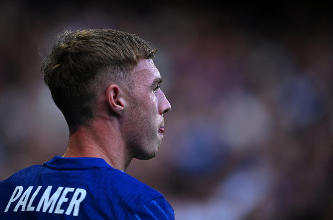 Chelsea’s English midfielder Cole Palmer reacts during the pre-season friendly match against Inter Milan at the Stamford Bridge stadium in London on Aug. 11, 2024. (AFP)