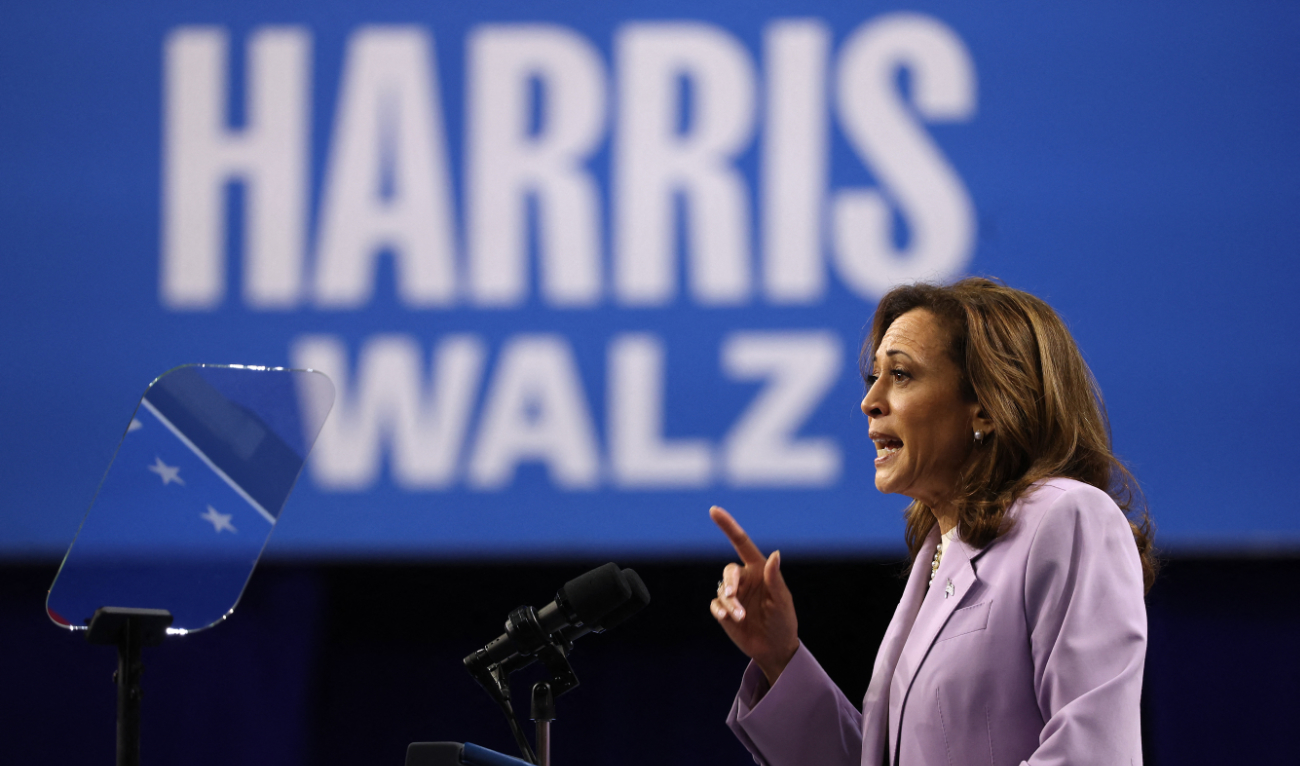 Democratic presidential candidate, U.S. Vice President Kamala Harris speaks during a campaign rally with Democratic vice presidential candidate Minnesota Governor Tim Walz at the University of Las Vegas Thomas & Mack Center on August 10, 2024 in Las Vegas, Nevada. (AFP)
