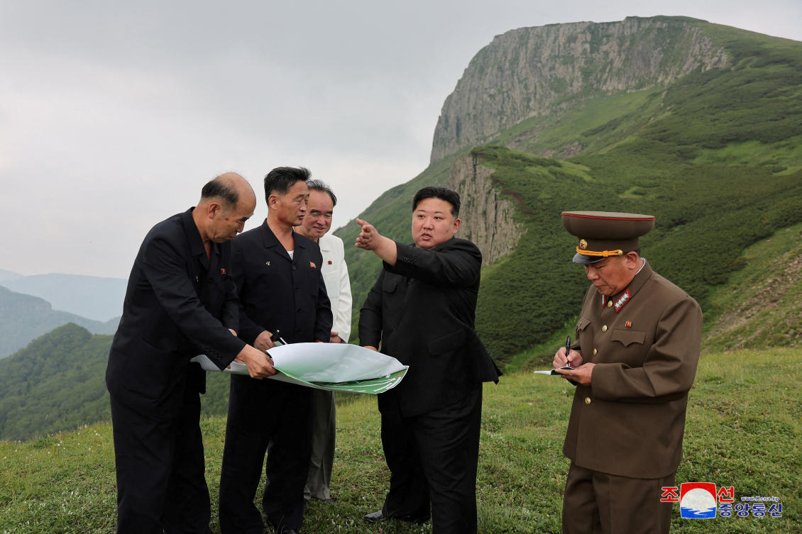 North Korean leader Kim Jong Un guides the Samjiyon City construction project on July 14, 2024. (KCNA via Reuters)