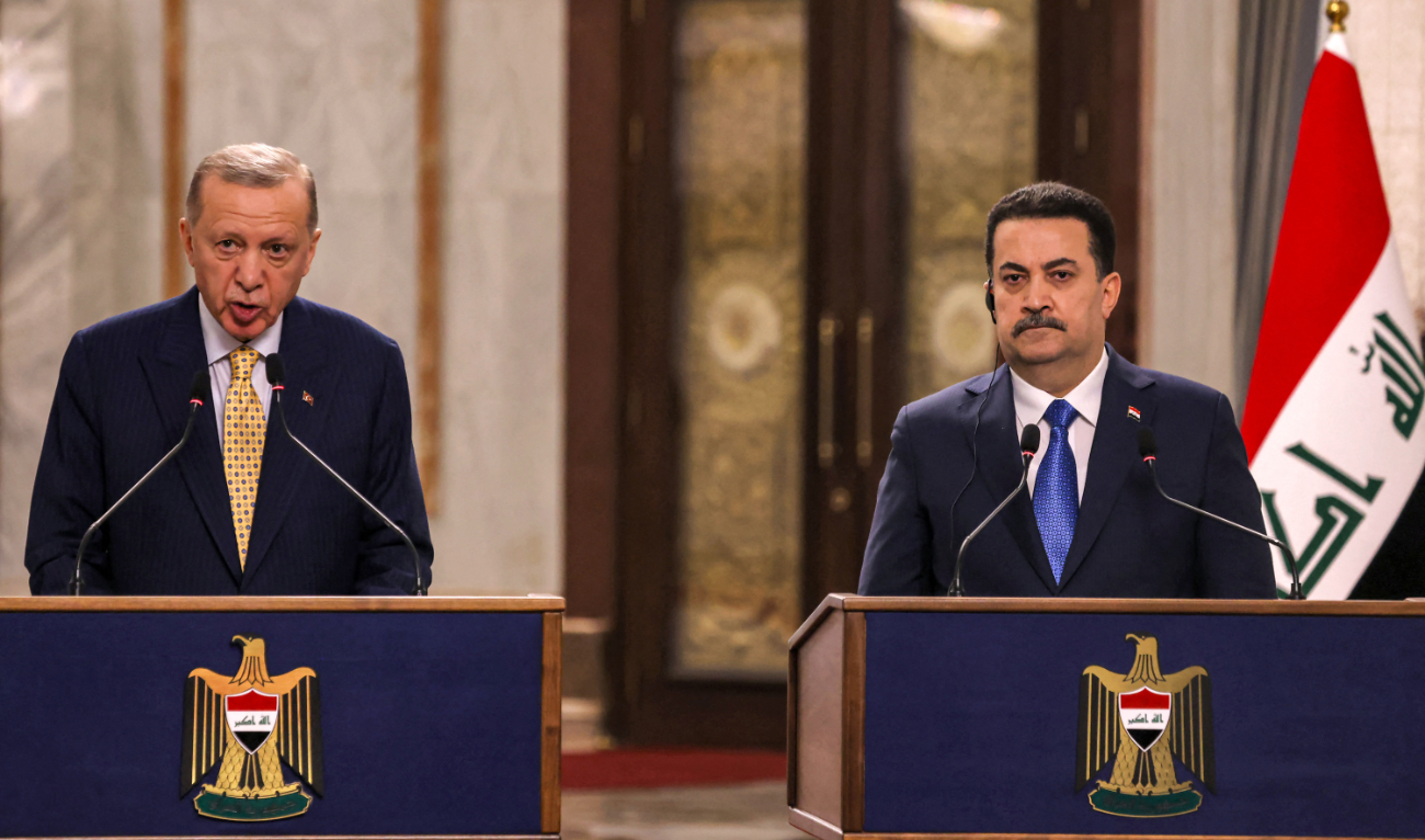 Iraq’s Prime Minister Mohammed Al-Sudani (R) and Turkiye’s President Recep Tayyip Erdogan give a joint statement to the media in Baghdad on April 22, 2024. (AFP)