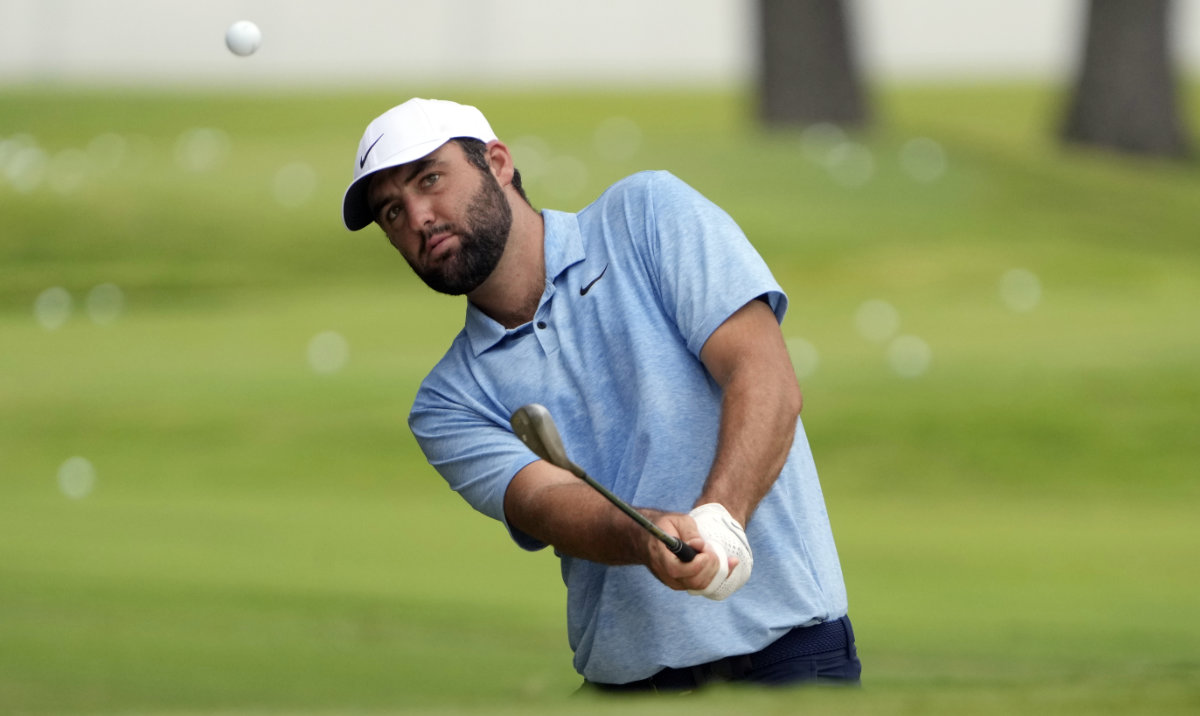 Scottie Scheffler hits onto a practice green at the St. Jude Championship golf tournament Wednesday in Memphis, Tenn. The tournament is scheduled to begin Thursday. (AP)