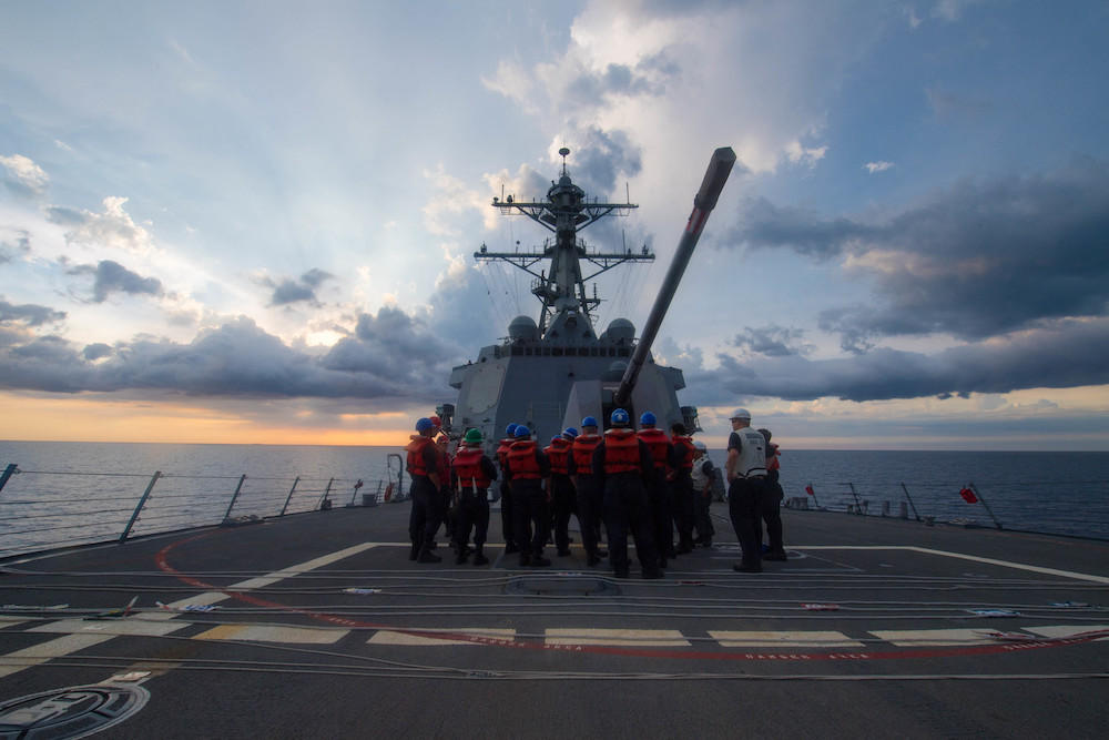 The US Navy Arleigh Burke-class guided-missile destroyer USS Dewey, above, joined interoperability exercises with the French Navy in the Philippine Sea. (AFP file photo)