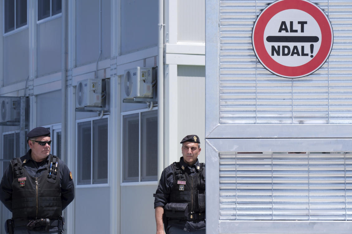Police guard a reception center for migrants, at the port of Shenjin, northwestern Albania, on Jun. 5, 2024. (AP/File)