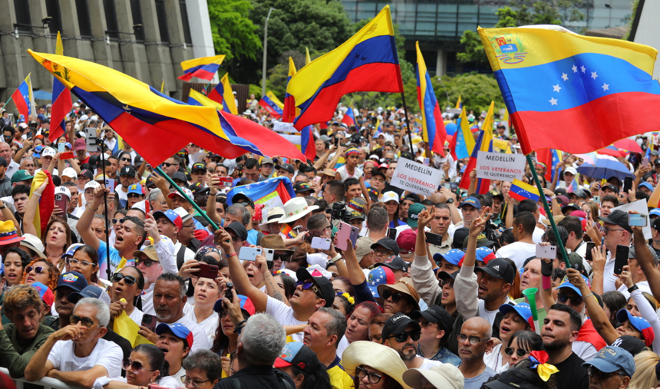 Venezuelans living in Colombia take part in a protest against Venezuelan President Nicolas Maduro's disputed victory in Venezuela's presidential elections during a rally in Medellin, Colombia, on August 7, 2024. (AFP)