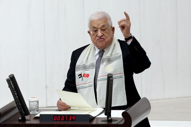 Palestinian Authority president Mahmud Abbas adresses a speech at Grand National Assembly of Turkiye in Ankara on Aug.15, 2024. (AFP)