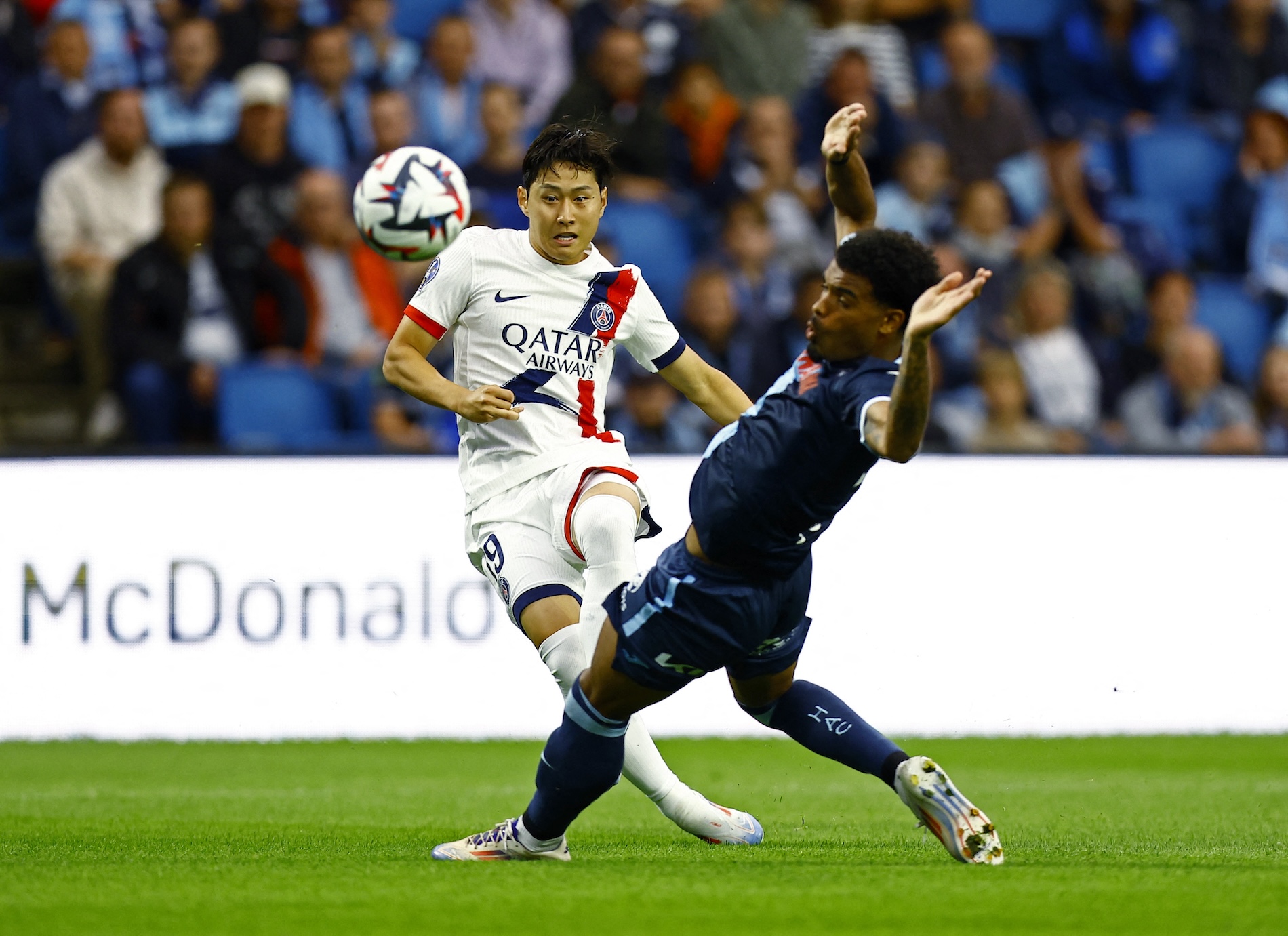 Paris St. Germain’s Lee Kang-in scores their first goal during the Ligue 1 match against Le Havre at Stade Oceane on Friday.(Reuters)