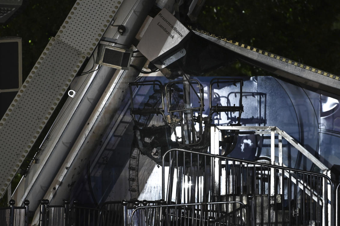 A burnt-out gondola of the Ferris wheel after a fire broke out on the Ferris wheel at the Highfield Festival near Leipzig, Germany, Sunday, Aug. 18, 2024. (AP)