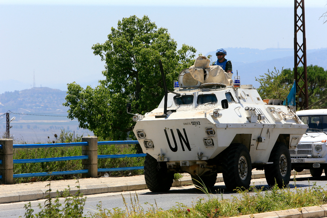 An armoured vehicle of the United Nations Interim Force in Lebanon (UNIFIL) patrols the southern Lebanese border area of Marjayoun on August 8, 2024, amid ongoing cross-border clashes between Israeli troops and Hezbollah fighters. (File/AFP)