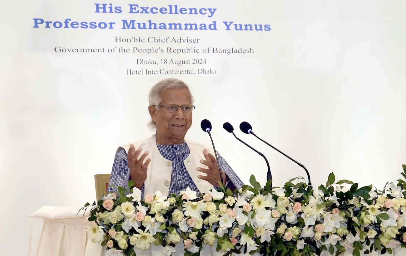 Muhammad Yunus, chief adviser of Bangladesh’s interim government, addresses foreign diplomats in Dhaka on Aug. 18, 2024. (Bangladesh Chief Adviser’s Press Wing)