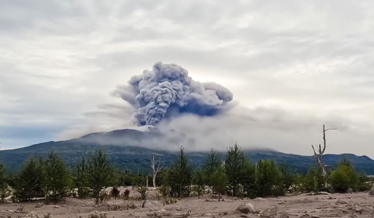 In this photo taken from AP video, provided by by the Institute of Volcanology and Seismology of the Far Eastern Branch of the Russian Academy of Sciences on Sunday, Aug. 18, 2024, the eruption of the Shiveluch volcano is seen in Kamchatka Peninsula, about 500 km (310 miles) north to Petropavlovsk-Kamchatsky, Russia. (AP)
