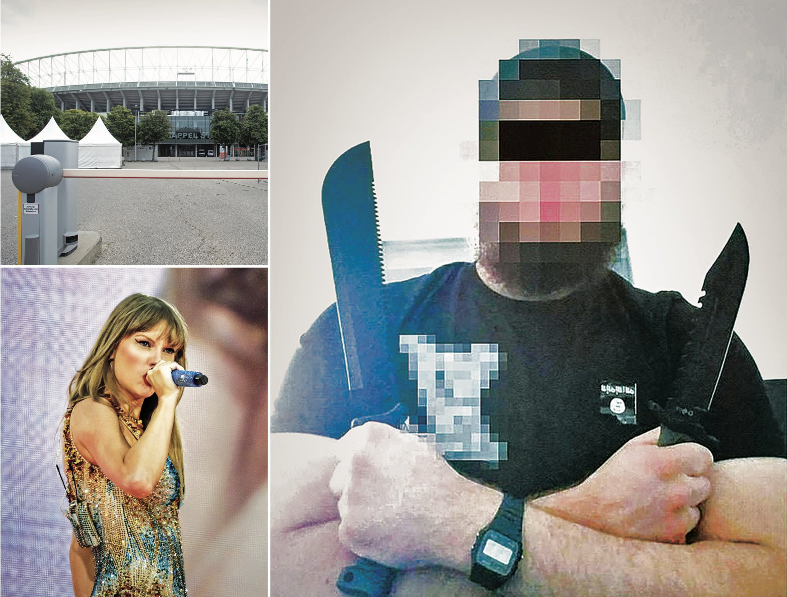 Police in Ternitz have arrested a 19-year-old Austrian man of Macedonian descent, right, thought to be the mastermind behind a plot to attack fans of US superstar Taylor Swift, bottom left, at the Ernst Happel Stadium in Vienna, top left, in echoes of earlier attacks on European concert venues, below. Despite its territorial defeat in Iraq and Syria, Daesh continues to pose a security threat. (AFP)