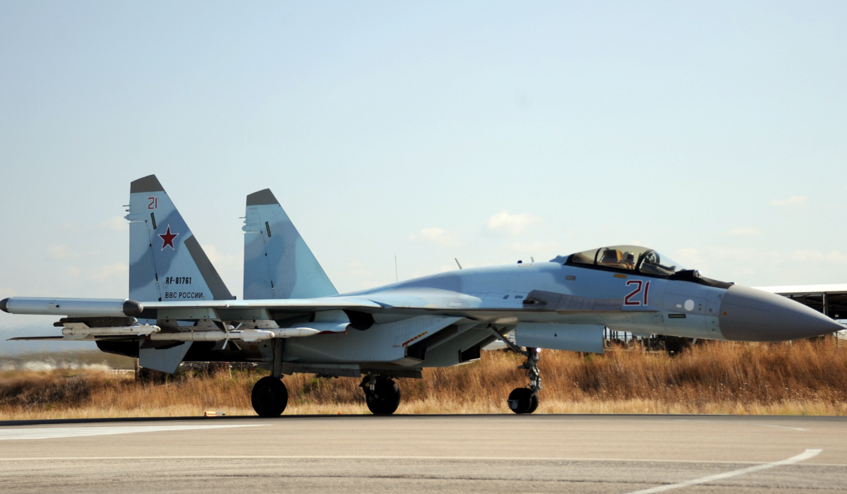 A Russian Sukhoi Su-35 fighter lands at the Russian military base of Hmeimim near Syria's Mediterranean coast on September 26, 2019. (AFP)