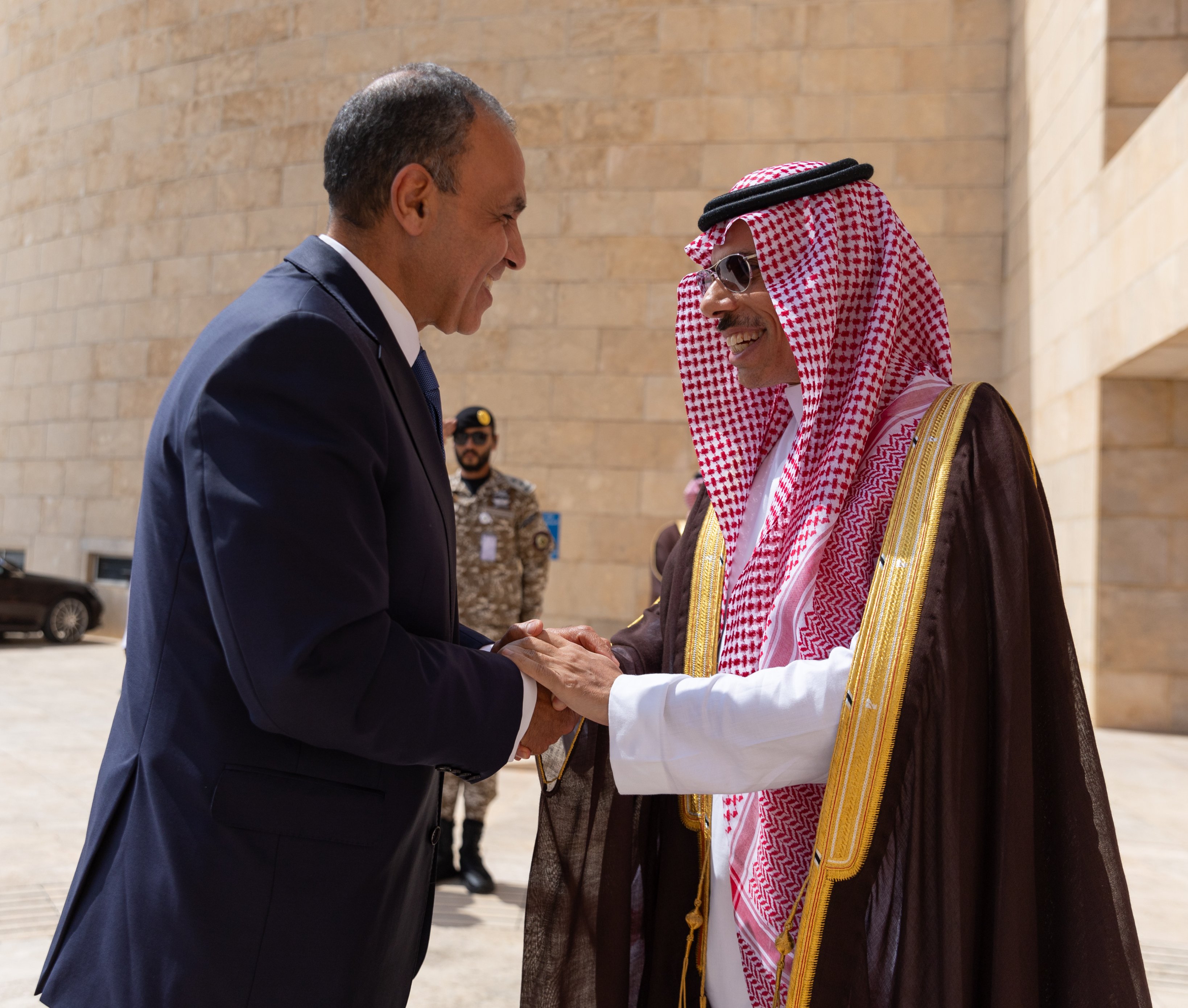 Saudi Foreign Minister Prince Faisal bin Farhan receives his Egyptian counterpart Badr Abdel Aati in Riyadh on Monday. (SPA)