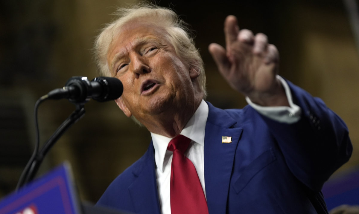 Republican presidential nominee former President Donald Trump speaks at a campaign event at Precision Components Group, Monday, Aug. 19, 2024, in York, Pa. (AP)