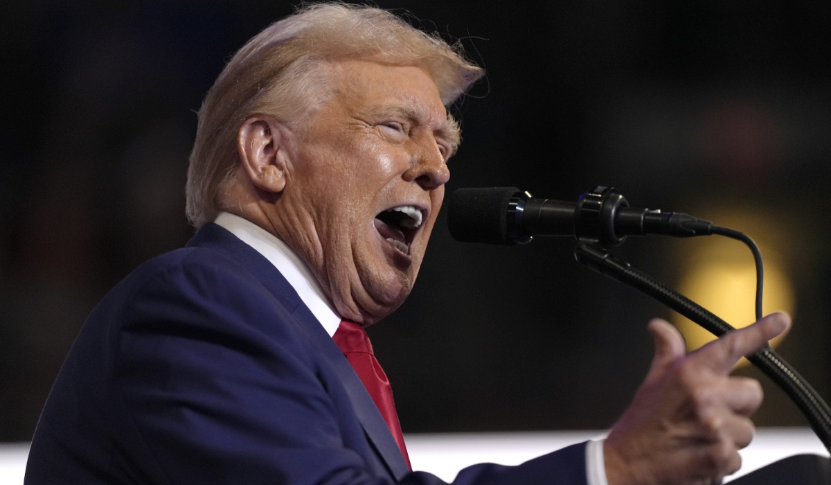 Republican presidential nominee former President Donald Trump speaks at a campaign rally at the Mohegan Sun Arena at Casey Plaza, Saturday, Aug. 17, 2024, in Wilkes-Barre, Pa. (AP)
