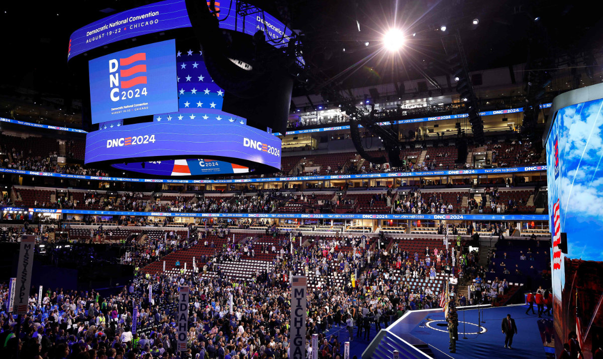 Democrats gather for the Democratic National Convention at the United Center on August 19, 2024 in Chicago, Illinois. Delegates, politicians, and Democratic party supporters are in Chicago for the convention, concluding with current Vice President Kamala Harris accepting her party's presidential nomination. The DNC takes place from August 19-22. (AFP)