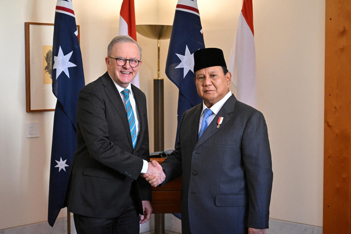Above, Indonesia’s President-elect Prabowo Subianto meets with Australia’s Prime Minister Anthony Albanese at Parliament House in Canberra on Aug. 20, 2024. (AAP Image via Reuters)