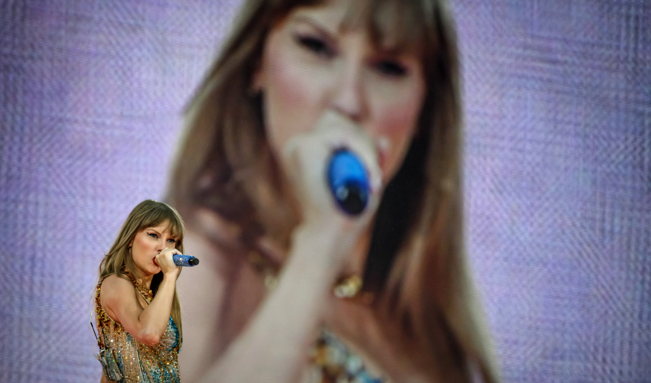 US singer and songwriter Taylor Swift performs on stage at the Groupama Stadium as part of The Eras Tour, in Decines-Charpieu, eastern France, on June 2, 2024. (AFP)
