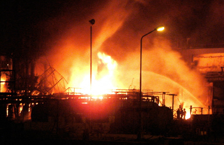 File photo of a fire from a powerful blast that shook the Ranbaxy Pharmaceuticals factory, a major Indian company in 2003 (AFP)