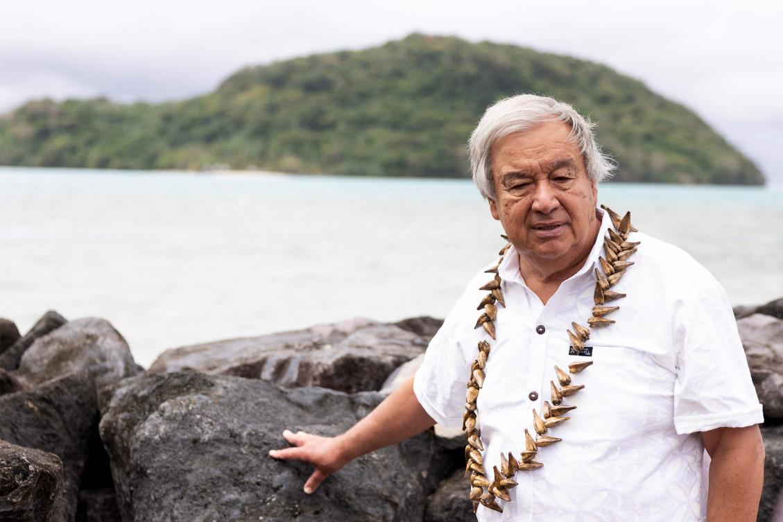 United Nations Secretary-General Antonio Guterres visits the tsunami affected Lalomanu Beach on eastern coast, some 60 kilometers from Samoa capital city Apia, on Aug. 22, 2024. (AFP)
