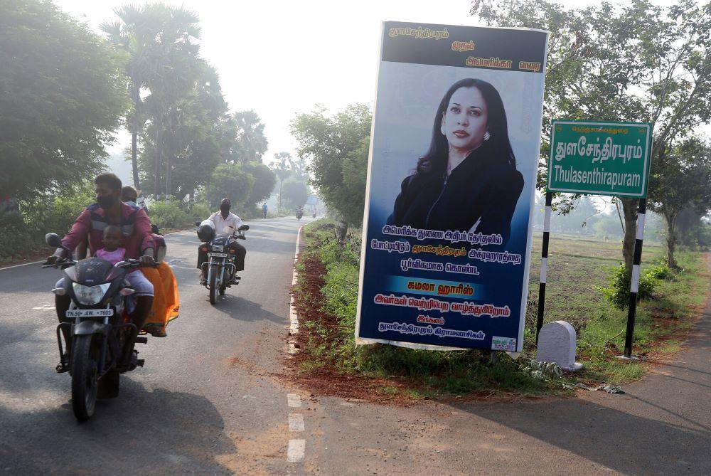 A billboard featuring Kamala Harris in Thulasendrapuram, India, where her maternal grandfather was born, ahead of the 2020 US presidential election. (AP Photo)