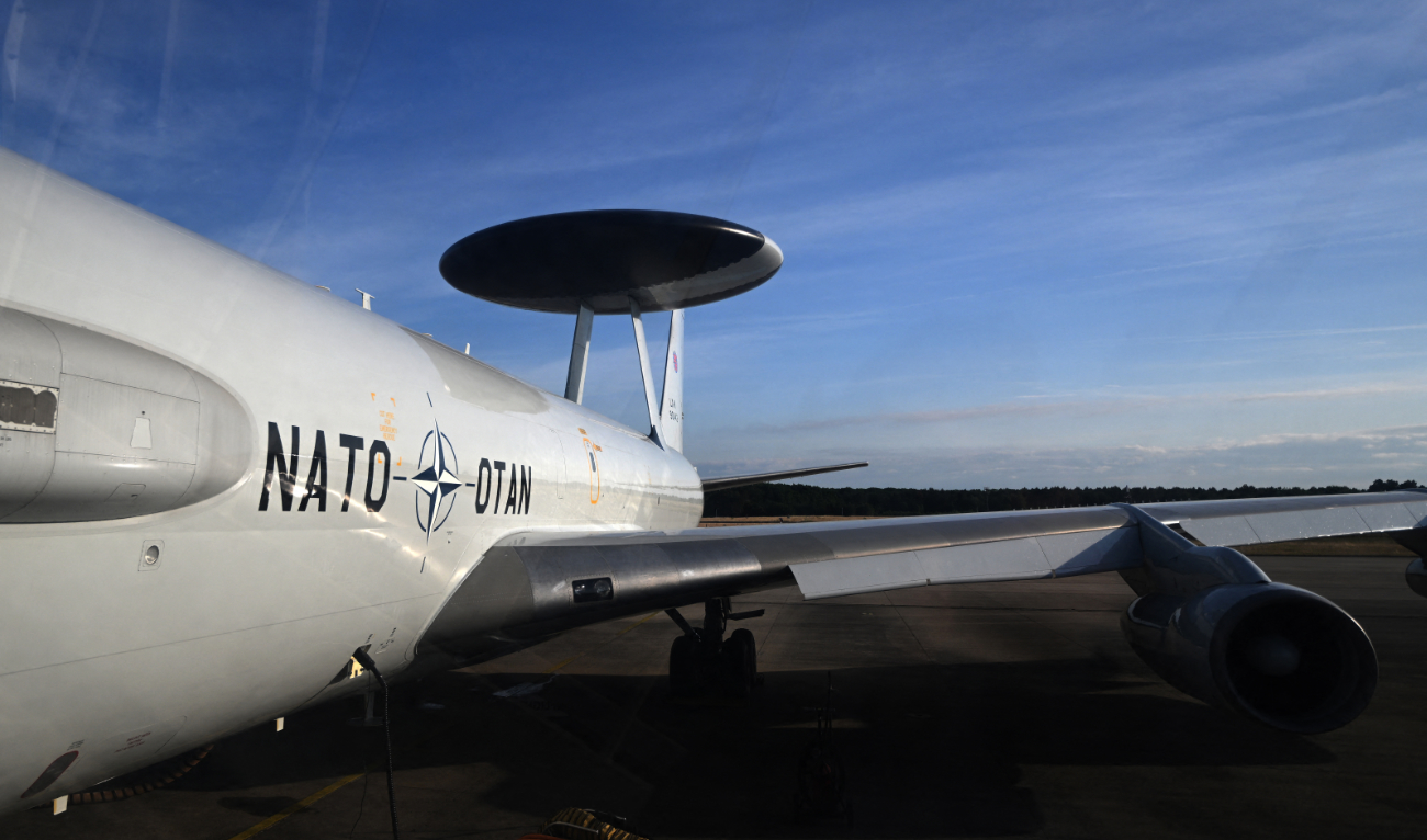 A NATO Airborne Warning and Control System (AWACS) aircraft, which participates in the German-led multinational exercise Air Defender 23, is pictured before a flight over northern Germany from the military base of Geilenkirchen, western Germany, on June 20, 2023. (AFP/File)