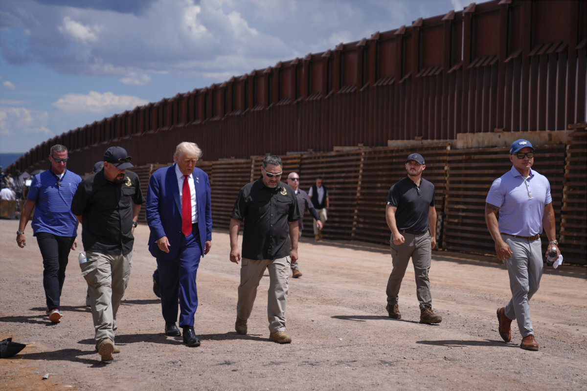 Republican presidential nominee former President Donald Trump tours the southern border with Mexico on Aug. 22, 2024, in Sierra Vista, Arizona. (AP Photo)