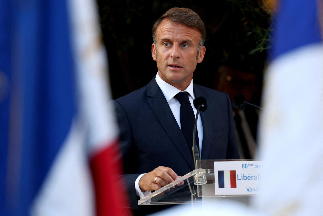 French President Emmanuel Macron speaks during a ceremony on August 17, 2024. (REUTERS)