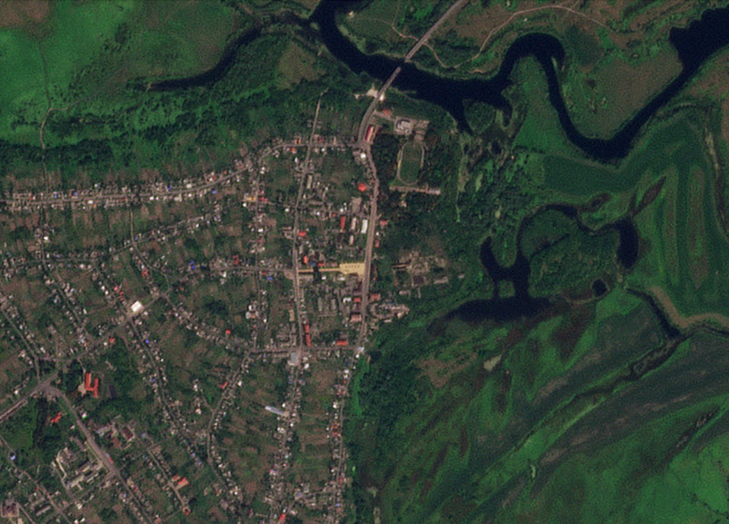 Above, a view of buildings targeted by Ukrainian forces in Glushkovo, Kursk region of Russia on Aug. 20, 2024 in this satellite image. (Planet Labs via Reuters)