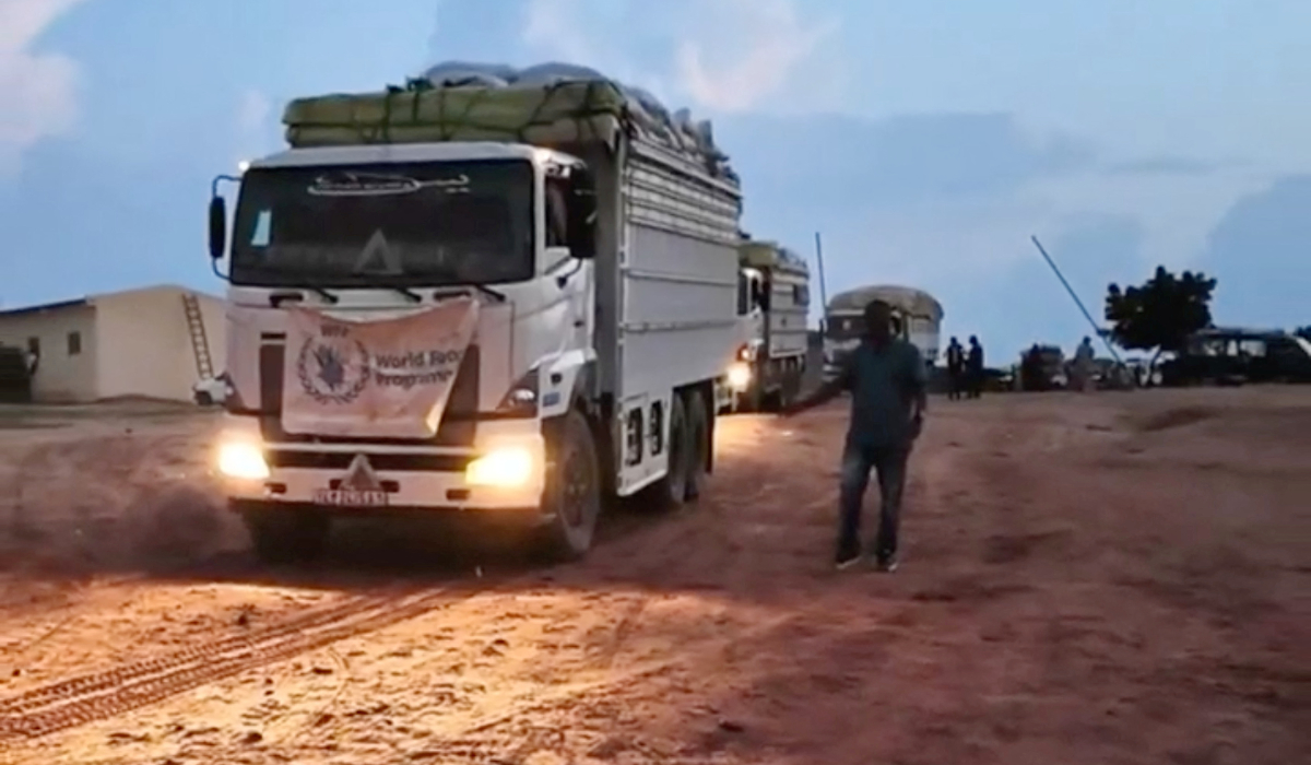 A view shows aid trucks with relief material for Sudan's Darfur region, at a location given as the border of Chad and Sudan, in this screen grab taken from a handout video released on August 21, 2024. (REUTERS)
